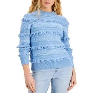 Womens Mock Neck Fringe‎ Pullover Sweater Medium Winter Blue